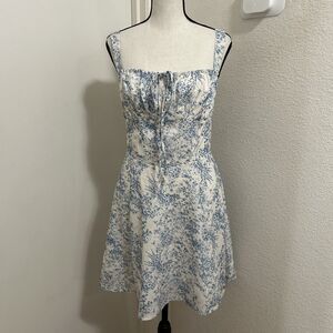 RIHOAS Blue White Floral Toile Corset Mini Dress Lace Back Milkmaid Size L NWT